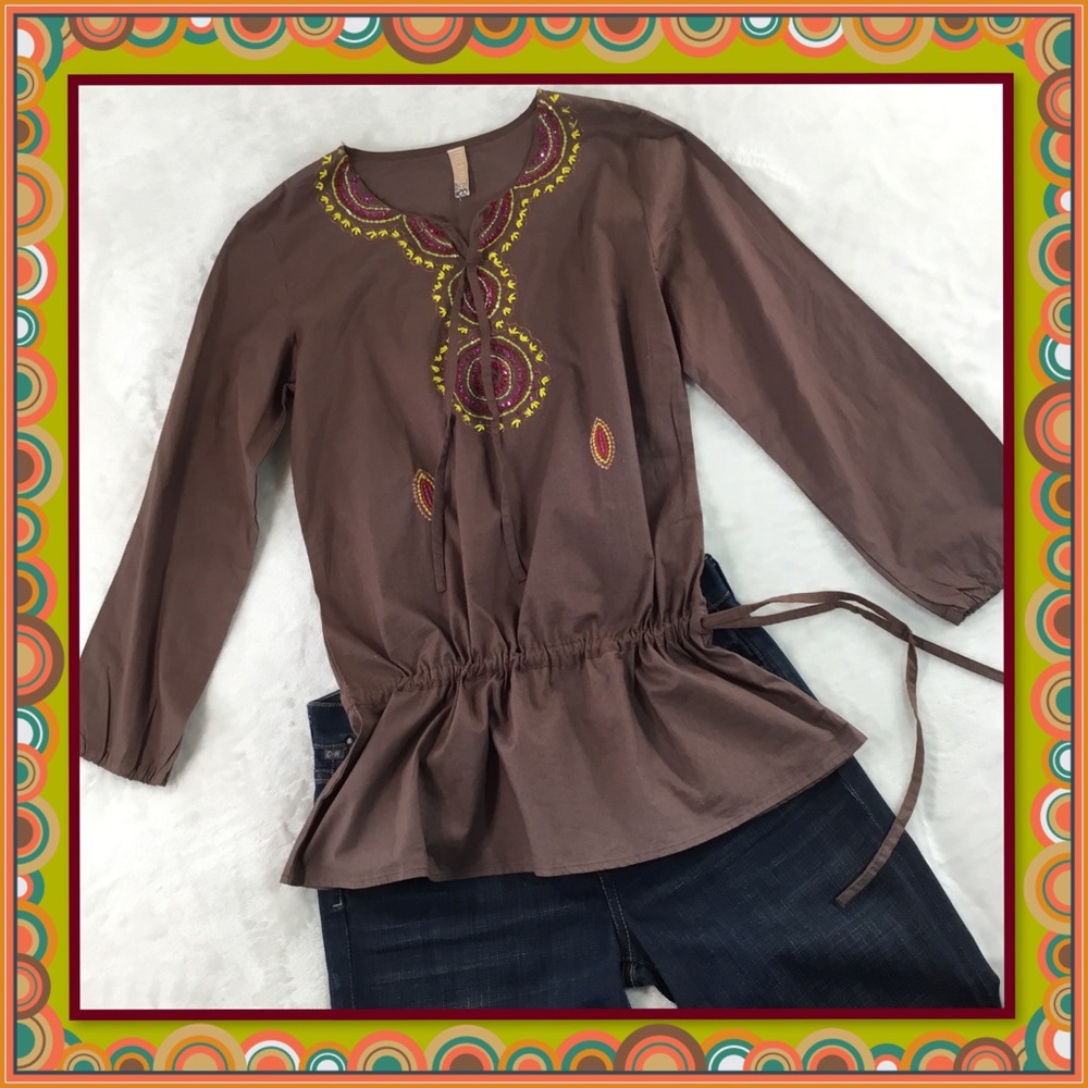 FREE PEOPLE BROWN BEADED TOP WITH DRAWSTRING WAIST